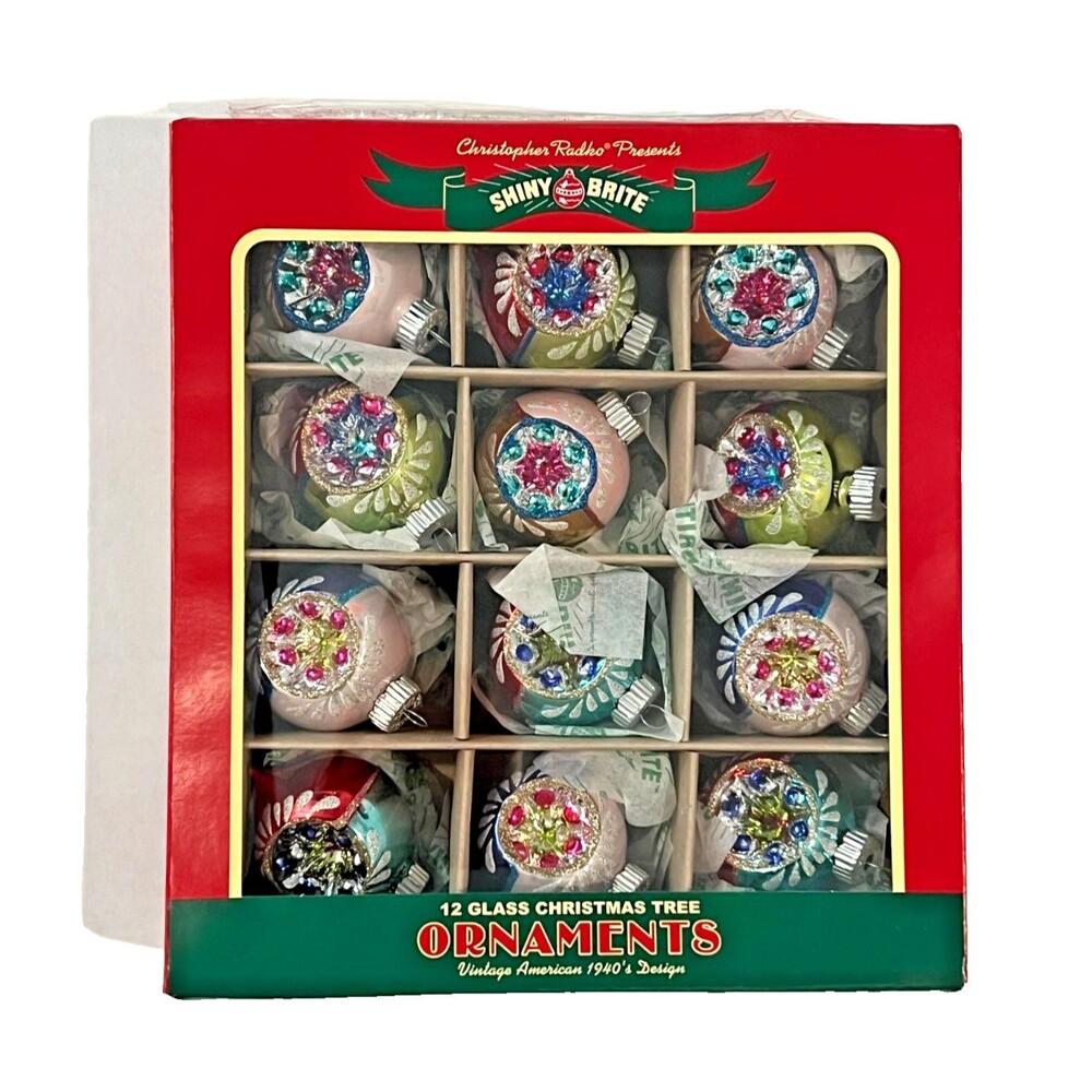 Christopher Radko 12pc Set Shiny Brite Glass Ornaments Colorful Vintage Inspired